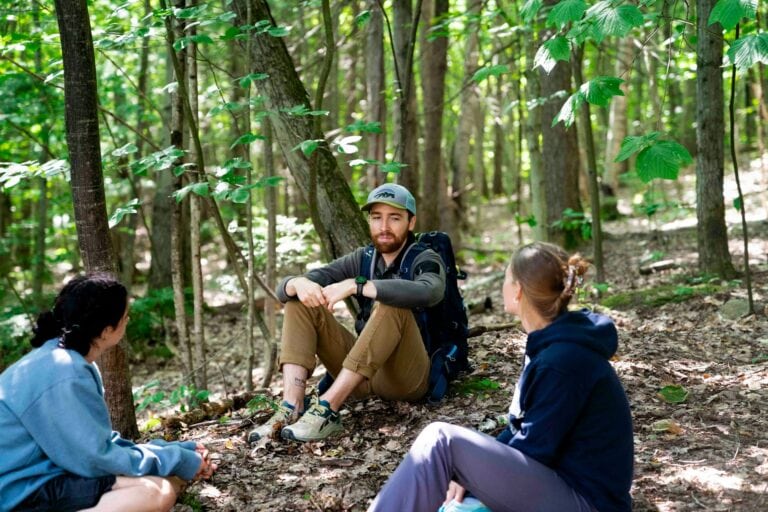 Group therapy session outdoors in a lush forest setting for mental health support.